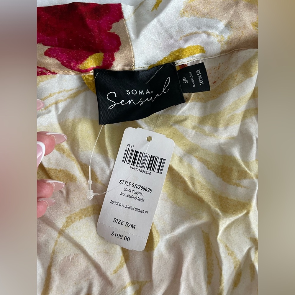 SOMA 100% Silk Floral Kimono Robe | NWT | Pink & Yellow | S/M - Picture 4 of 6
